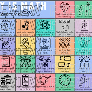 May include: A colourful chart with the question "Why is math important?" and 25 different reasons why maths is important. Each reason is illustrated with a simple graphic.