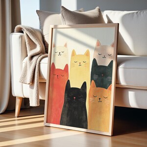 7 Lucky Cats Wall Art – Printable Cat Illustration, Cartoon Pet Portrait, Cute Animal Decor, Digital Download, Cat Lover Gift