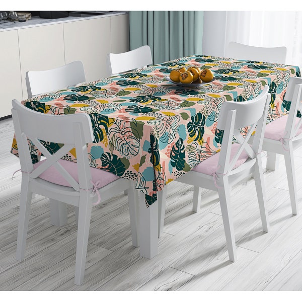 Abstract Tropical Tablecloth, Leaf Accent Dining Table Linen, Tropical Leaves Tablecloth, Creative Abstract Tablecloth, Kitchen Table Cover