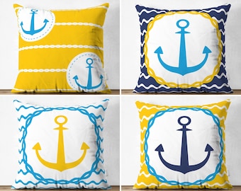 Yellow & Navy Blue Anchor Sofa Pillow Covers, Rope and Knot Pillow Shams, Zigzag Throw Pillowcases, Marine Pillow Top, Nautical Bedding Deco