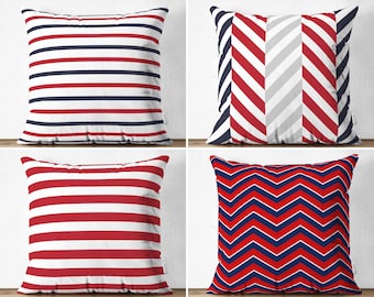 Red & Dark Blue Coastal Home Pillow Covers, Geometric Sofa Pillowcase, Striped Pillow Sham, Chevron Pillow Sham, Zigzag Outdoor Cushion Case