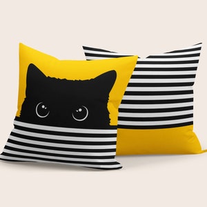 Funda de almohada amarilla con gato negro, funda de cojín con rayas blancas y negras, bonita funda de almohada con gato, decoración de sofá con temática de gato, regalo para amantes de los gatos