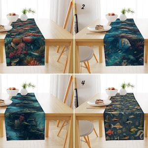 Camino de mesa con temática oceánica, mantel de casa de playa, mantel de criaturas marinas, camino de cocina con arrecife de coral, mantel costero, decoración marina