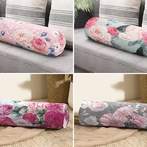 Floral Bolster Pillow, Rose Bolster Cushion, Flower & Butterfly Bolster Pillow Cover, Pale Pink Neckroll Pillow, Chic Cylindrical Pillow