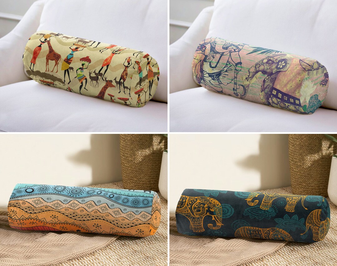 Ethnic Bolster Pillow, African Woman Cylindrical Pillow, Elephant
