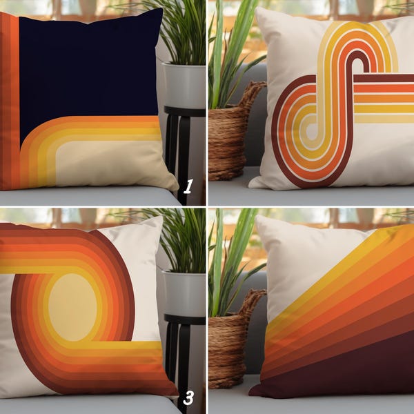 Retro Throw Pillow Cover, Orange Rainbow Stripes (Mid Century Modern)