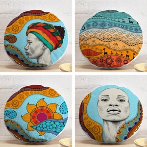 Ethnic Round Pillow, African Woman with Bandanna Circle Pillow, Traditional Round Cushion, Afrocentric Round Pillow and Insert, Ethnic Deco