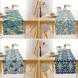 Camino de mesa con diseño de tortuga marina, mantel con temática oceánica botánica, mantel coral, mantel de cocina marino, decoración costera para la mesa del comedor.