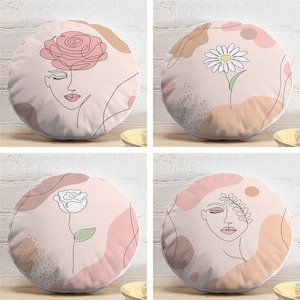 Abstract Round Pillows, Woman and Rose Circle Pillow, Abstract Flower Round Cushion, Onedraw Round Pillow and Insert, Pink Cushion Cover