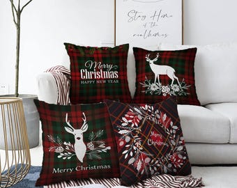Christmas Throw Pillow Cover: Tartan Plaid - Reindeer Design