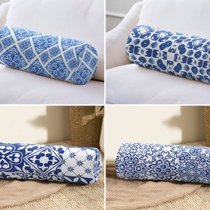 Blue Tile Bolster Pillow, Blue White Cylindrical Pillow, Moroccan Style Bolster Cushion, Blue Neckroll Pillow, Spanish Tile Bolster Pillow