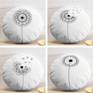 Floral Round Pillows, Dandelion Pattern Circle Pillow, Black White Round Cushion, Elegant Round Pillow and Insert, Floral Meditation Pillow