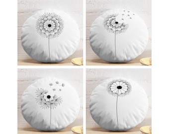 Boho Round Pillow, Floral Dandelion Print (Black White, Soft Velvet)