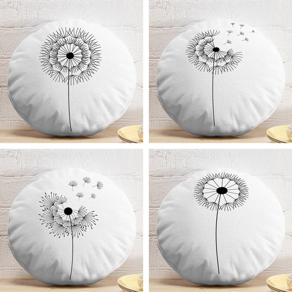 Floral Round Pillows, Dandelion Pattern Circle Pillow, Black White Round Cushion, Elegant Round Pillow and Insert, Floral Meditation Pillow