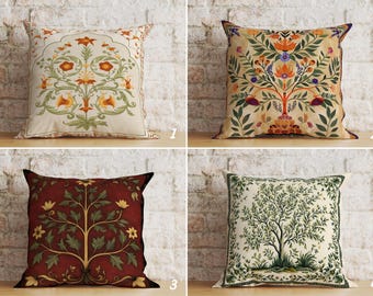 Tree of Life Pillow Covers, Folk Art Cushion Cover, Ethnic Sofa Pillow Case, Flower and Leaves Cushion Cases, Tree with Flowers Pillow Top