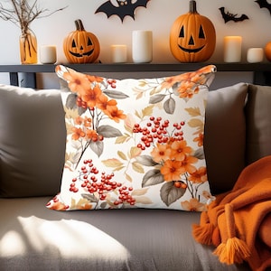 Autumn Botanical Throw Pillow Cover, Orange Fall Floral Cushion Cover, Autumn Orange Berry Pillowcase, Thanksgiving Pillow Slip, Autumn Gift