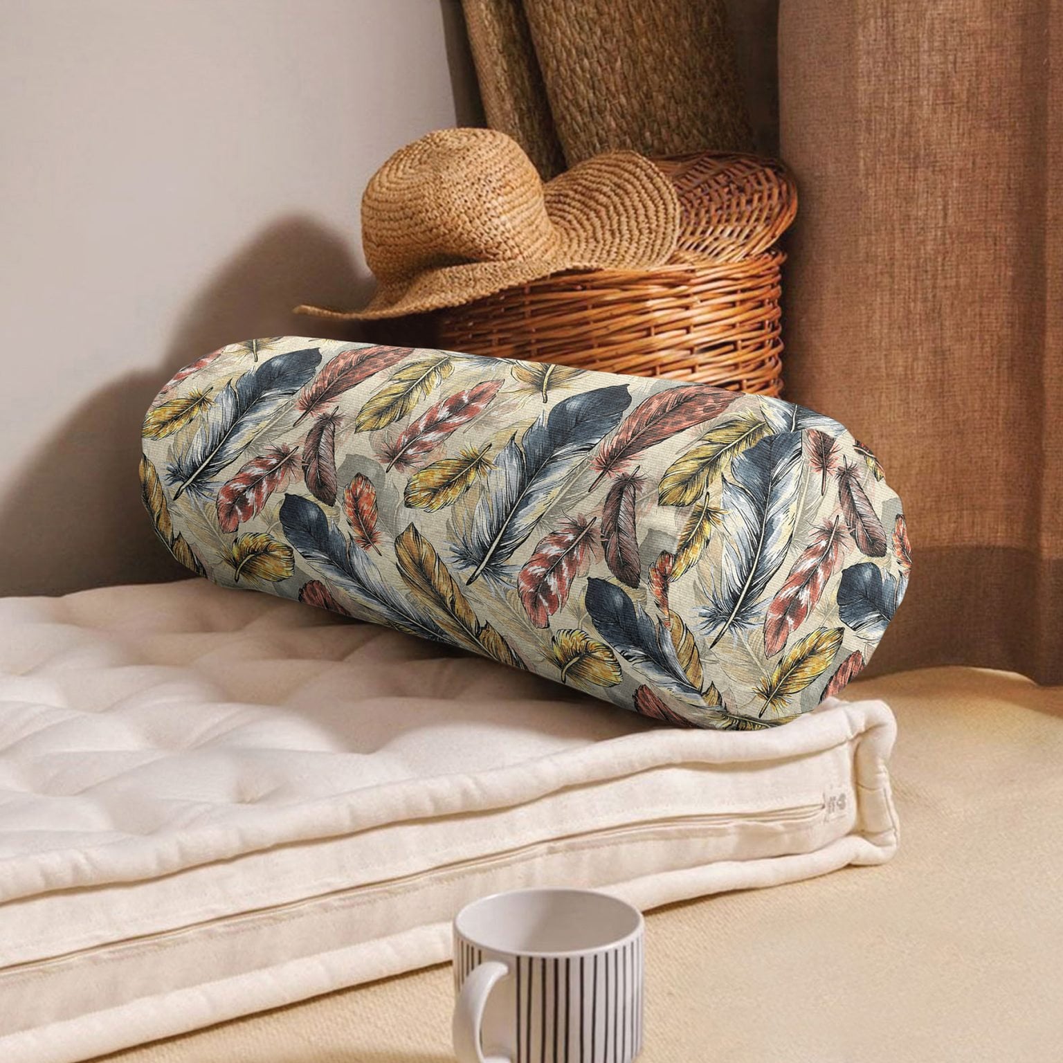 Feather Bolster Pillow, Peacock Feather Cylindrical Pillow, Colorful