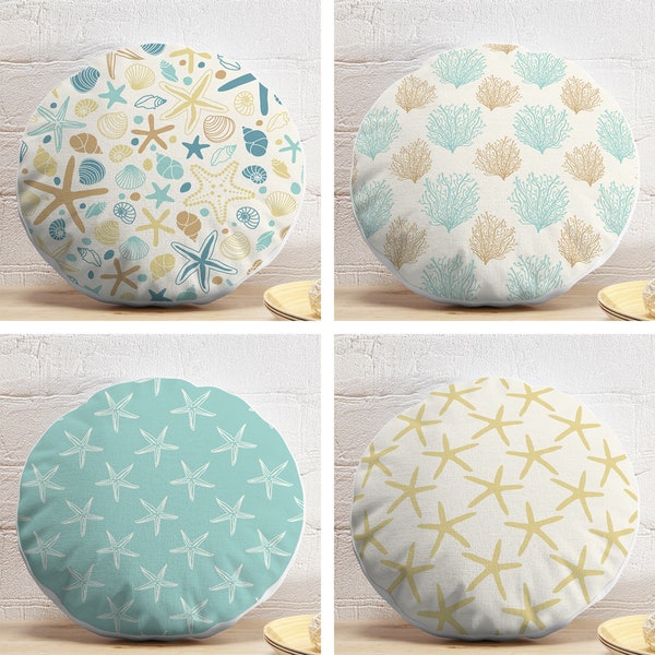 Nautical Round Pillows, Starfish Circle Pillow, Seaweed Round Cushion, Gold Starfish Pillow Cover, Gold & Green Round Pillow and Insert