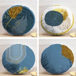 Abstract Round Pillows, Art Deco Leaves Circle Pillow, Gold Leaf Round Pillow and Insert, Blue Japanese Floor Round Cushion, Boho Home Deco