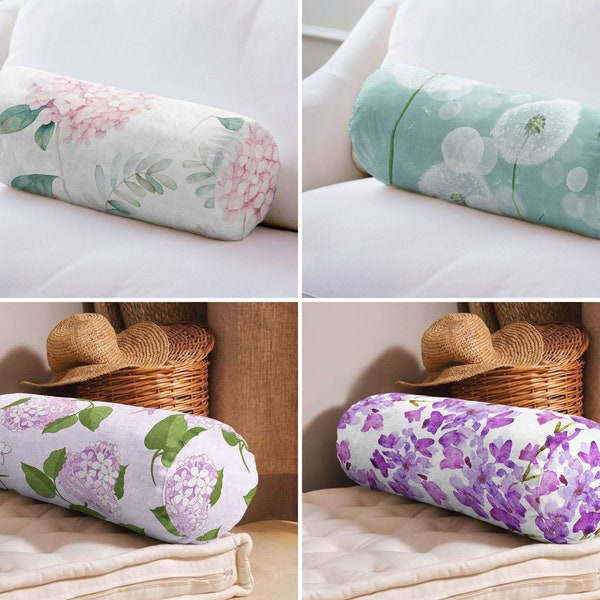Floral Bolster Pillow, Pink Hydrangea Bolster Cushion, Purple Cylindrical Pillow, Purple Hydrangea Neckroll Pillow, Dandelion Bolster Pillow