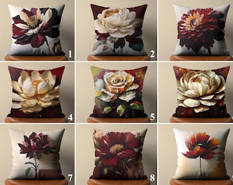 Burgundy Floral Throw Pillow Cover - Cream and Dark Red Accent