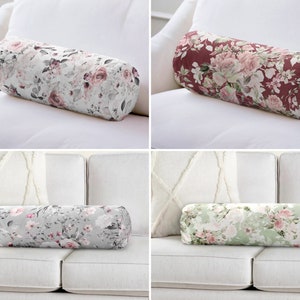 Gebloemd kussen, kussen rozeknop, kussenhoes roos, kussenhoes roos, groengrijs nekrolkussen, elegant cilindrisch kussen