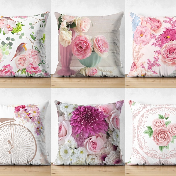 Fundas de cojín de rosa y pájaro, funda de cojín de flores de peonía, funda de almohada botánica, tapa de almohada floral rosa única, diseño elegante de casa