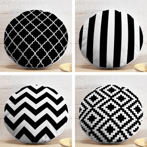 Geometric Round Pillow, Black Ogee Pattern Circle Pillow, Black White Stripe Round Cushion, Black White Zigzag Round Pillow and Insert