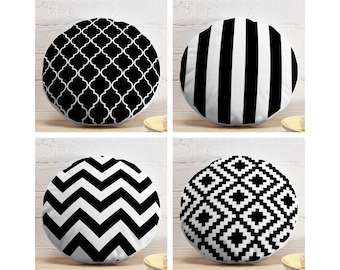Geometric Round Pillow, Black Ogee Pattern Circle Pillow, Black White Stripe Round Cushion, Black White Zigzag Round Pillow and Insert