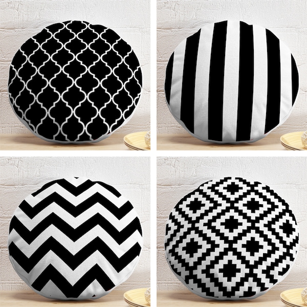 Oreiller rond géométrique, oreiller circulaire à motif Ogee noir, coussin rond à rayures blanches noires, oreiller rond en zigzag blanc noir et insert