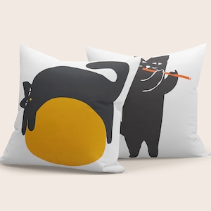 Funda de almohada abstracta con gato negro, funda de cojín con gatos divertidos, funda de almohada con gato y bola naranja, funda de cojín con gato músico, funda de almohada con gato y sol