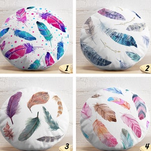 Boho Feather Pillow, Round Accent Cushion (With Insert Option)