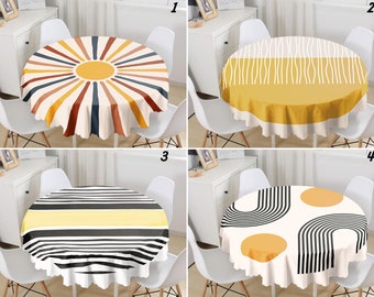 Mid Century Round Tablecloth, Abstract Sun Circle Tablecloth, Boho Sun Table Cover, Stripes Kitchen Tablecloth, Minimalist Dining Table Top