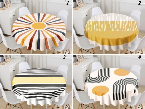 Boho Runde Tischdecke: Mid Century Sonnen Design, Gestreift Minimalistisch