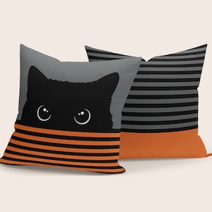 Funda de almohada con forma de gato negro, funda de cojín gris y naranja, bonitas almohadas con forma de gato, almohada para sofá con temática de animales, funda de almohada para patio con forma de gato, regalos para amantes de los gatos