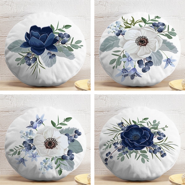 Blue White Floral Round Pillows, Lotus & Anemone Flower Circle Pillow, Round Cushion with Blue and White Tones, Chic Round Pillow and Insert