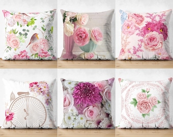 Fodera per cuscino rosa rosa: design floreale con uccelli, morbido cuscino decorativo