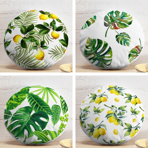 Lemon Round Pillows, Monstera Leaf Circle Pillow, Tropical Leaves Round Cushion, Yellow Cushion Cover, Green Round Pillow and Insert