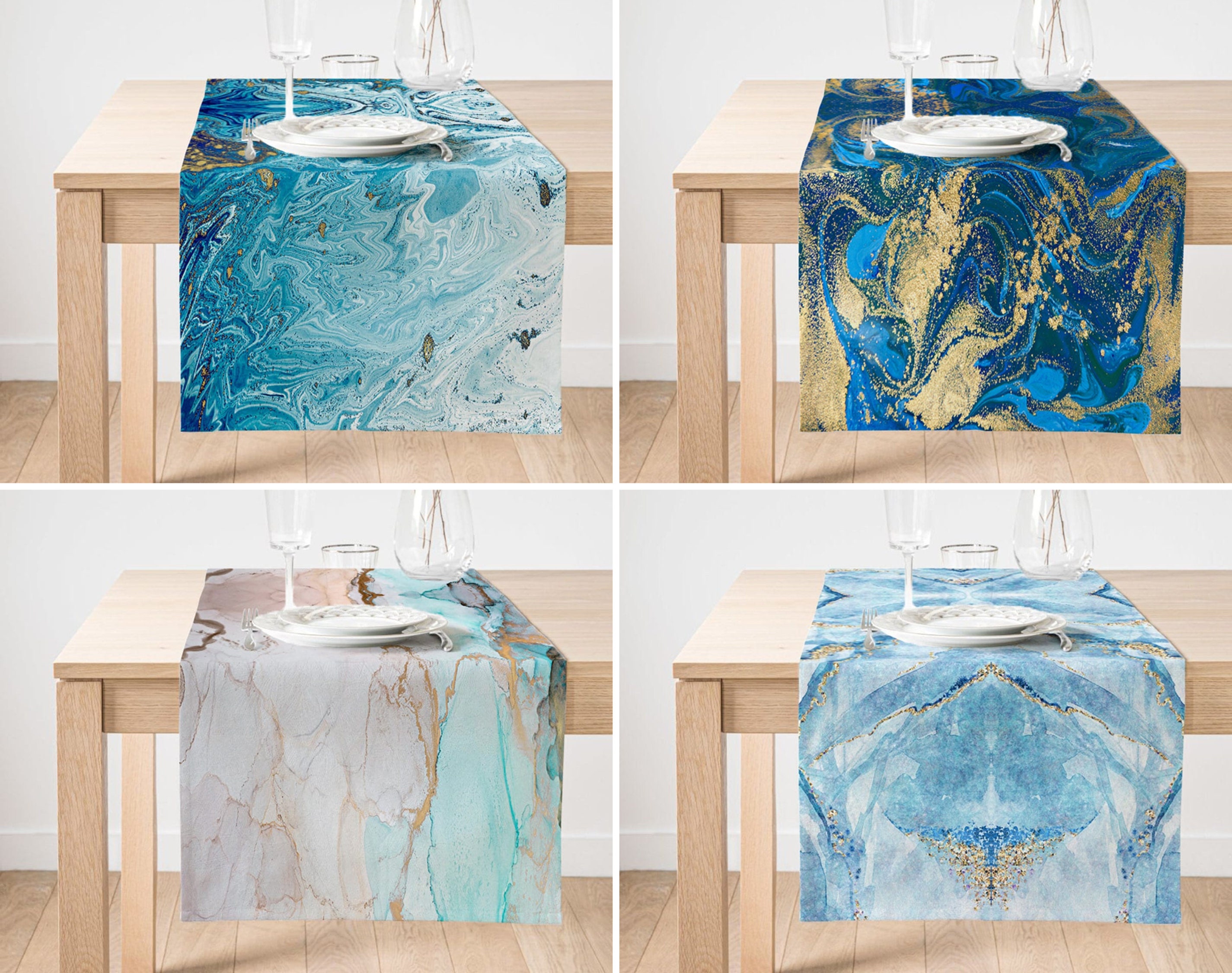 Blue and Gold Table Runner: Modern Marble Design for Dining Room