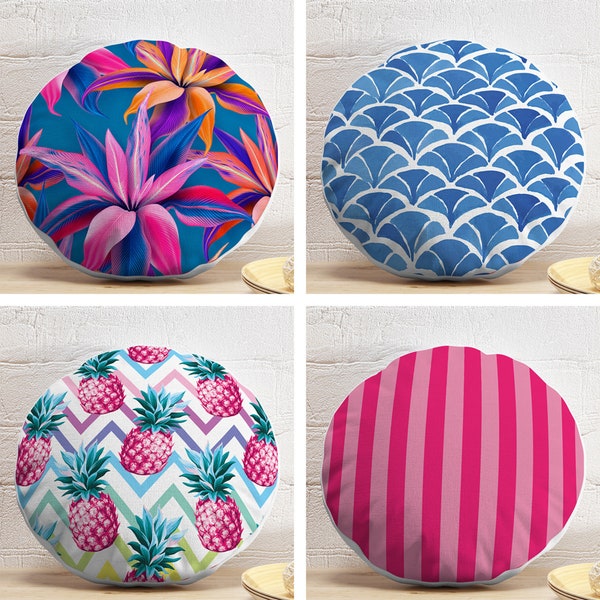 Tropical Floral Round Pillows, Blue Fish Scale Round Cushion, Pink Ananas Circle Pillow, Pink Stripe Round Pillow and Insert, Tropical Decor