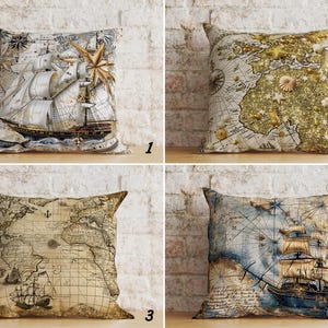 Funda de almohada con mapa náutico vintage, cubierta de almohada con velero, funda de cojín con barco pirata y mapa, funda de almohada marítima, decoración náutica brillante