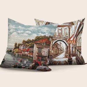 Vintage Village Tapestry Pillow Cover, Gobelin Tapestry Cushion Cover, Vintage Seaside Landscape Woven Pillow Cases, Handmade Throw Pillows