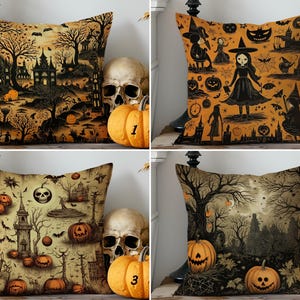 Vintage Halloween Design Cushion Cover, Spooky Haunted House Pillowcase, Dark Academia Pillow Slip, Gothic Pillow Cover, Halloween Gift