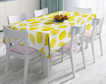 Nappe à imprimé citron, linge de table jaune et blanc, nappe de salle à manger rectangulaire, décoration de table de cuisine citron, décoration fête de jardin citron