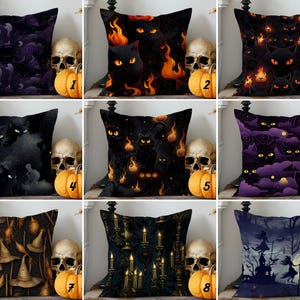 Halloween Black Cat Cushion Cover, Witchcore Pillow Case, Spooky Season Pillow Cover, Witch Hat Cushion Case, Scary Cat Eyes Pillow Slip