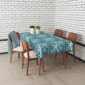 Blue & Teal Coastal Tablecloth, Seashell Table Cover, Crab Kitchen Table Linen, Starfish Dining Tablecloth, Whale Table Top, Nautical Decor