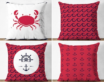 Crab Pattern Cushion Case, Anchor Pillow Shams, Red White Outdoor Pillow Covers, Coastal Pillow Top, Yatch Couch Decoration, Beach Style