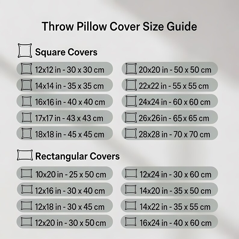 The image provides a guide for throw pillow covers and rectangular covers, listing the sizes and corresponding dimensions for each type of cover.