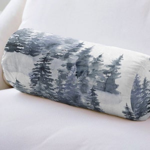 Winter Forest Bolster Pillow, Watercolor Trees Bolster Cushion, Gray & White Cylindrical Pillow, Winter Lodge Decor, Nature Inspired Gift