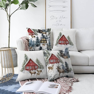 Winter Trend Cushion Cover, Red House Pillow Cases, Reindeers and Trees Pillow Shams, Winter Scenery Couch Pillow, Farmhouse Christmas Decor